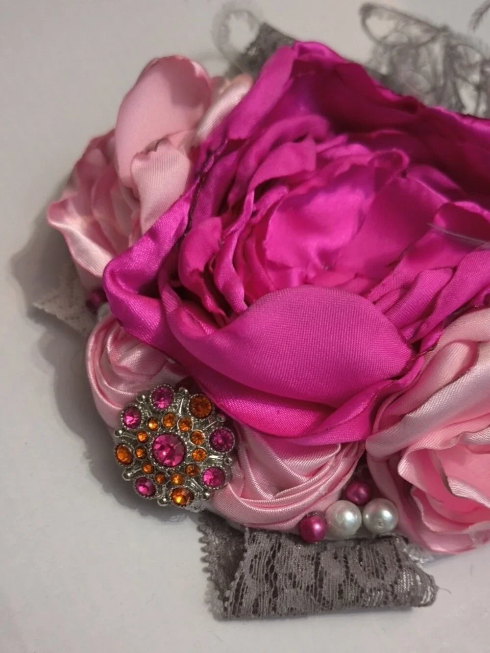 Pink Floral Satin Hair Clip with Beaded Accent